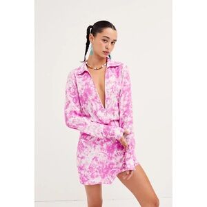 For Love And Lemons Pink/White Long Sleeve Devon Shirt Dress